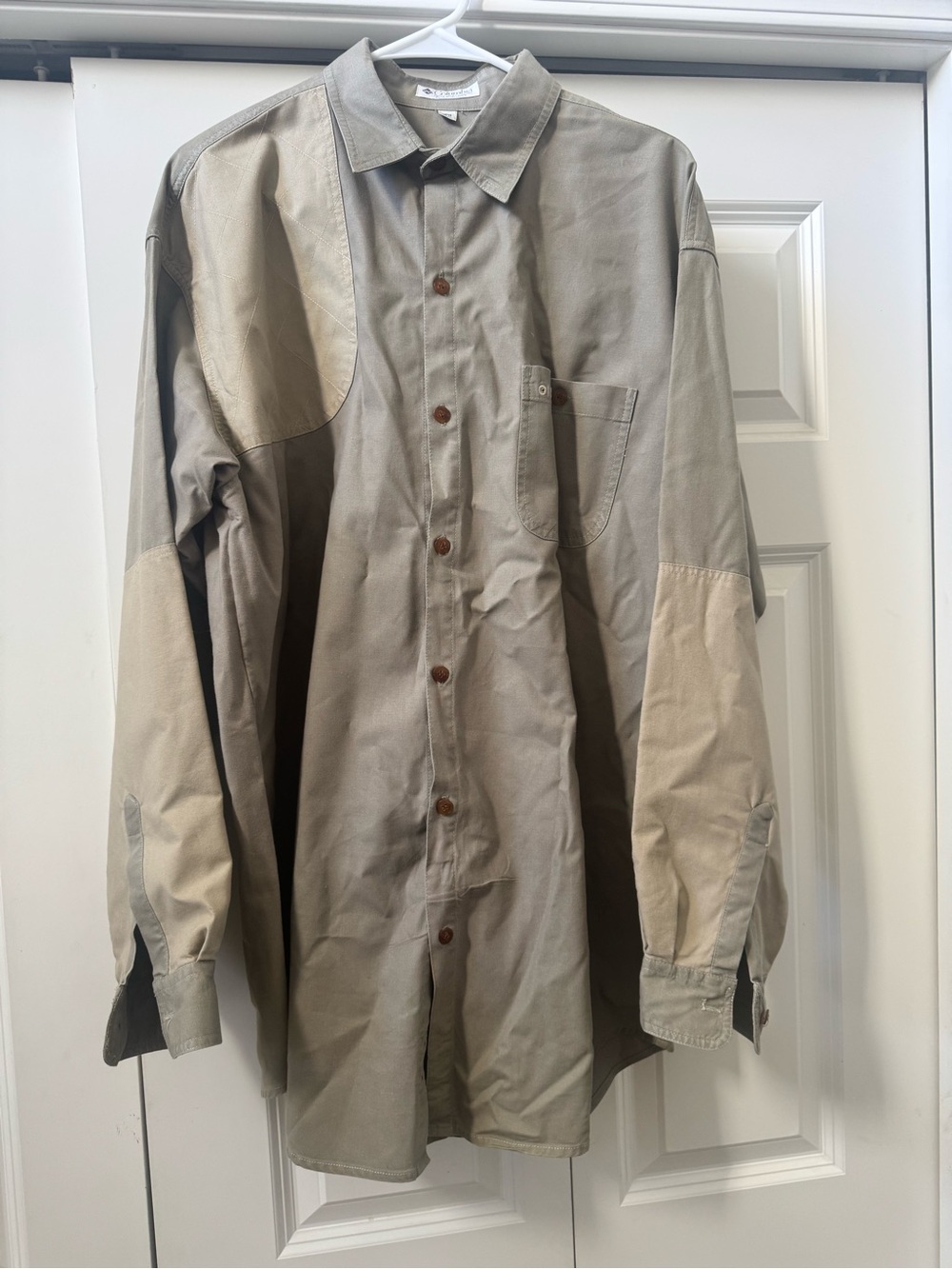Vintage Columbia Two Tone Cotton Utility Hunting Shirt Tan Beige Patches Large